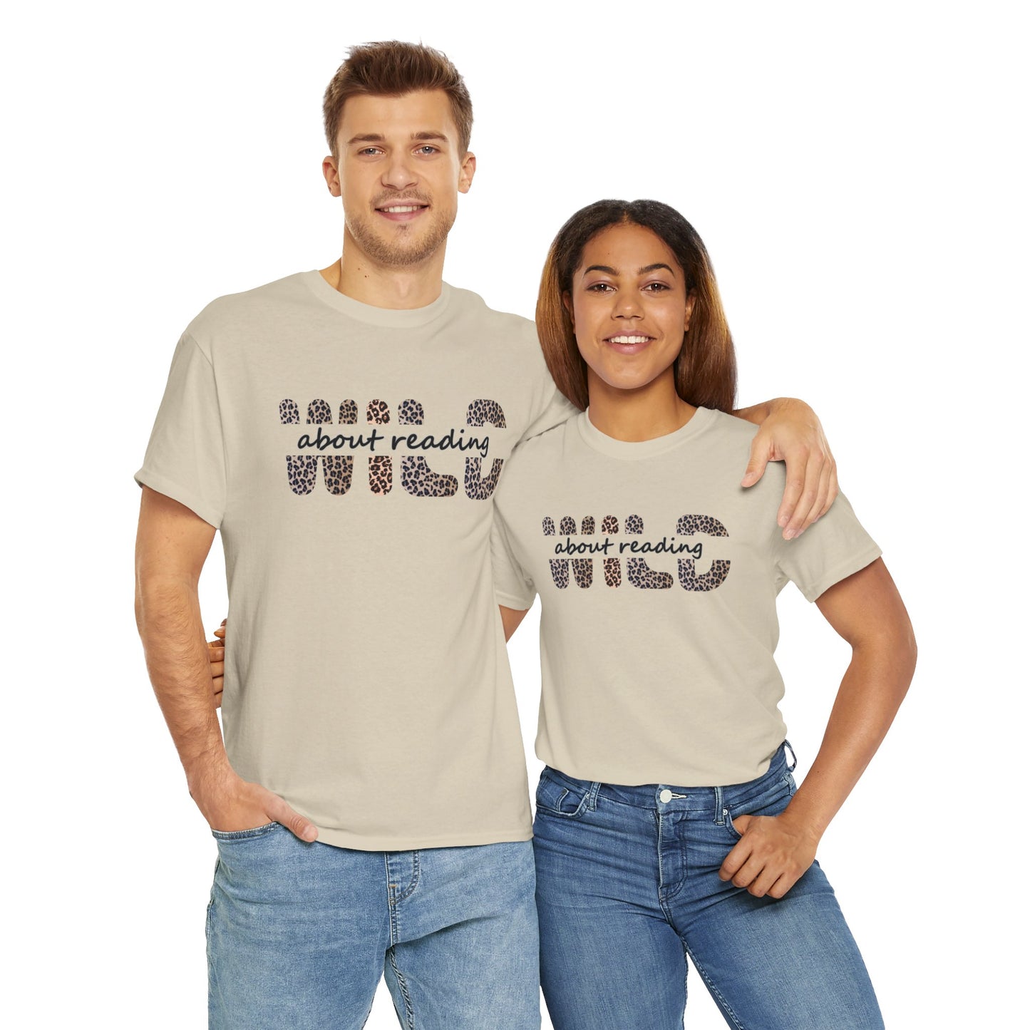 couple-wearing-wild-about-reading-tshirt-cream