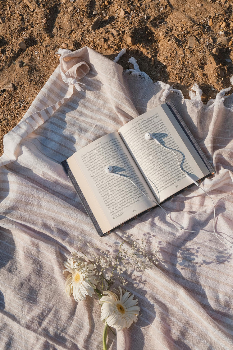 beach scene with open book on a beach blanket with ear buds