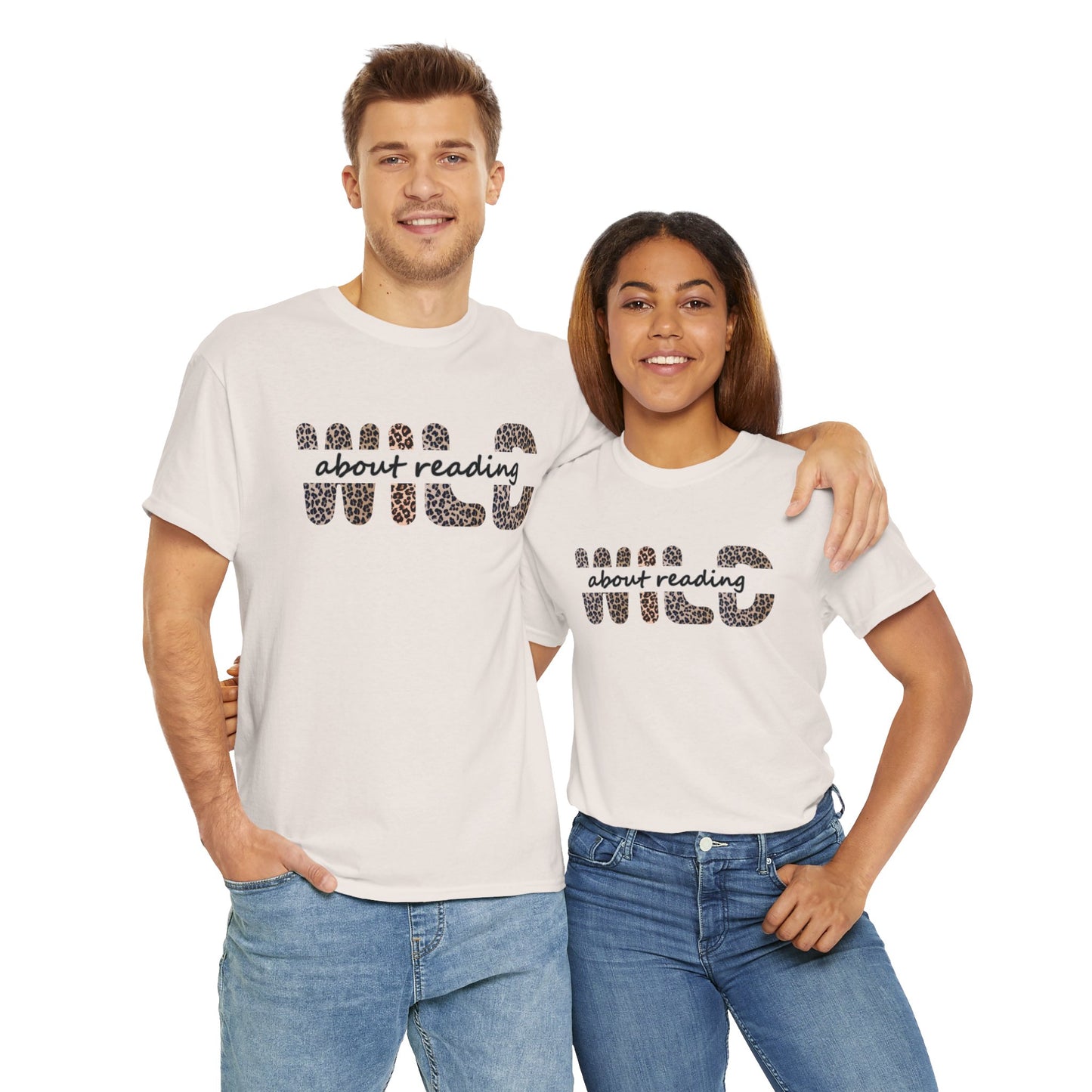 couple-wearing-wild-about-reading-tshirts-cream