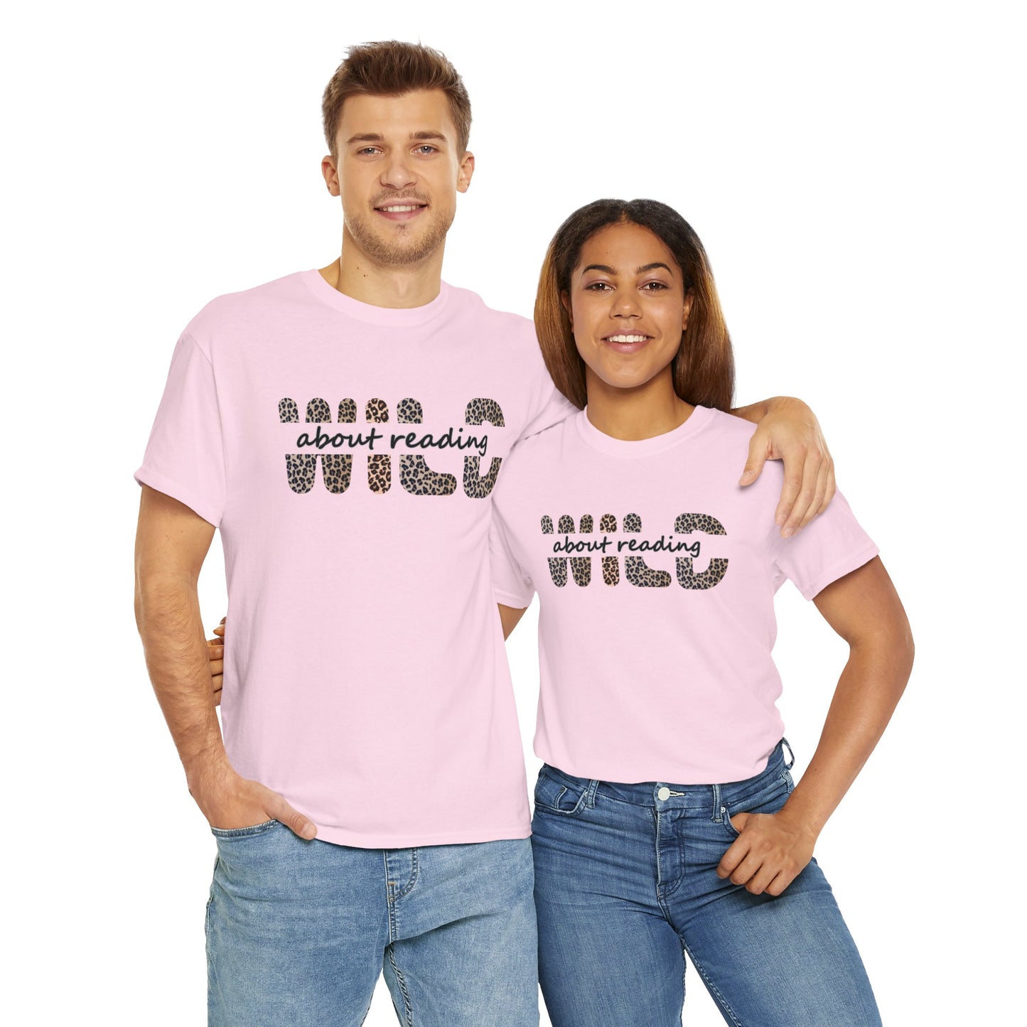 couple-wearing-wild-about-reading-tshirt-pink