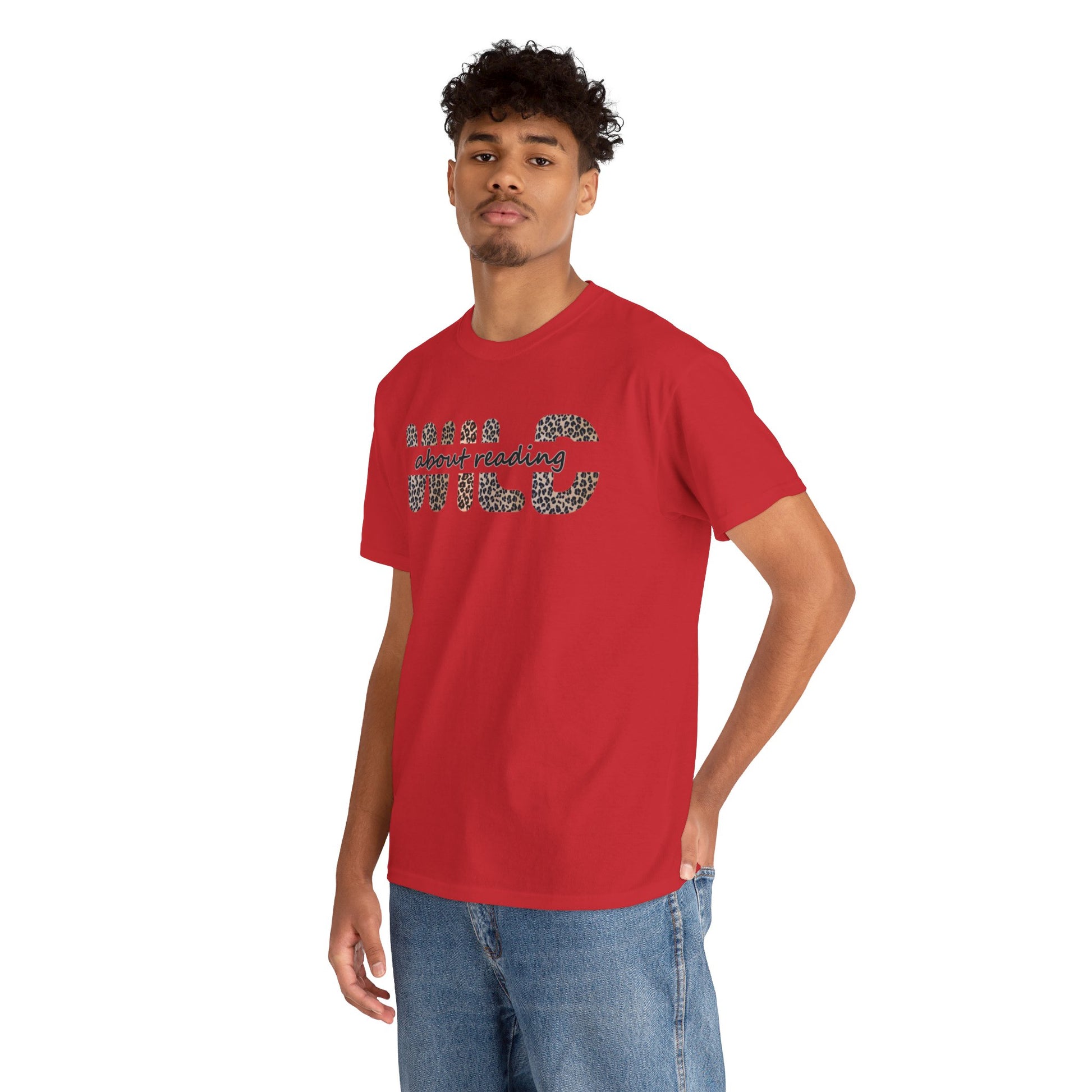 man-wearing-wild-about-reading-tshirt-red