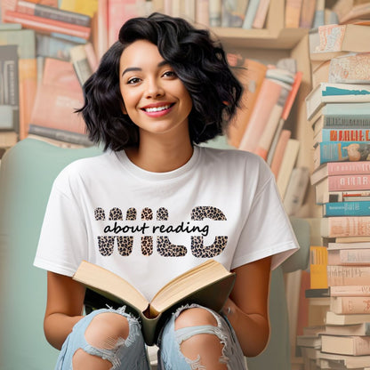 woman-in-book-nook-wearing-wild-about-reading-tshirt-cream